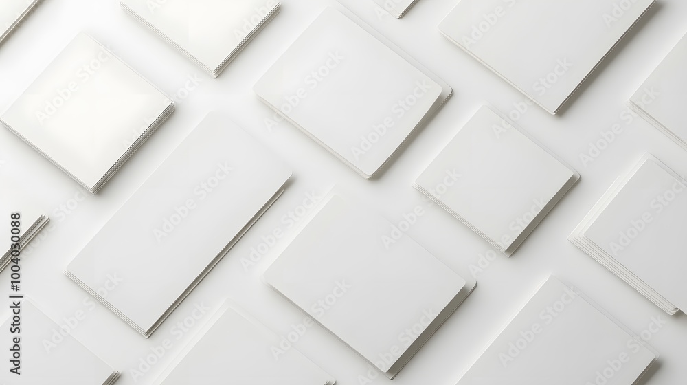 3d render, abstract white geometric background, minimal flat lay, twisted deck of square blank cards with rounded corners. 3d render, abstract white geometric background, minimal flat lay, twisted deck of square blank cards with rounded corners.