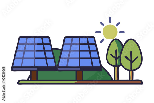 Solar panels, sustainable electric batteries, sun energy glass cells in nature. Green sustainable eco-friendly energy, alternative power concept. Flat vector illustration isolated on white background
