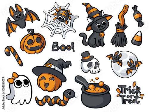 Cute Halloween stickers set in ink hand drawn doodle style. Pumpkins, ghost, bats, cauldron and other Halloween elements. White background.