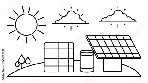 Solar panels, sustainable electric batteries, sun energy glass cells in nature. Green sustainable eco-friendly energy, alternative power concept. Flat vector illustration isolated on white background
