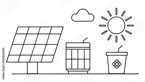 Solar panels, sustainable electric batteries, sun energy glass cells in nature. Green sustainable eco-friendly energy, alternative power concept. Flat vector illustration isolated on white background
