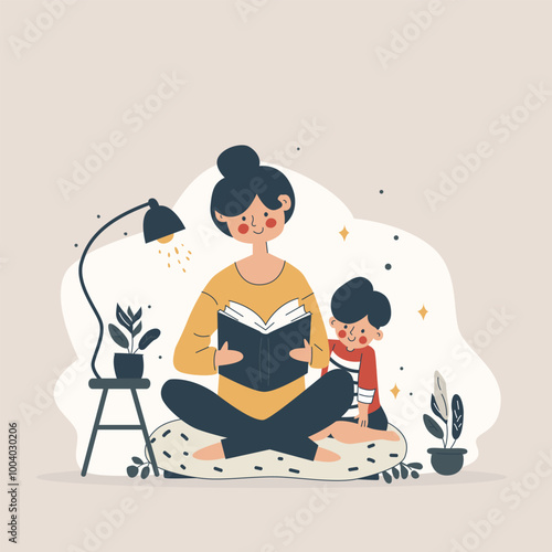 Mother reading book to child. Mom read bedtime story to her son. Vector illustration of happy childhood, fun family time together 