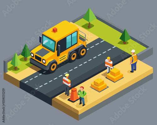 Yellow steamroller for paving asphalt. Road work in 3d isometric scene. Road roller and lorry truck. Asphalting machine with workers on highway. Road pavement improvement. Vector illustration