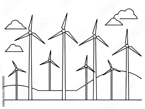 Wind turbines and plug in one continuous line drawing. Green energy and renewable source of power concept in simple linear style. Editable stroke. Doodle Vector illustration
