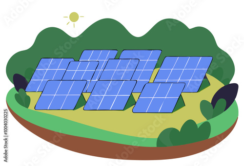 Solar panels, sustainable electric batteries, sun energy glass cells in nature. Green sustainable eco-friendly energy, alternative power concept. Flat vector illustration isolated on white background
