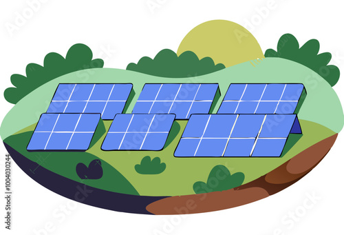 Solar panels, sustainable electric batteries, sun energy glass cells in nature. Green sustainable eco-friendly energy, alternative power concept. Flat vector illustration isolated on white background
