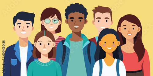 Company of modern happy teenagers friends. A group of school or college students. Portrait of young people, guys and girls
