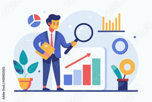 Data analysis chart and report, financial research or analyze information for marketing insight, analytics or optimization diagram, smart information, businessman analyze data with magnifying glass.