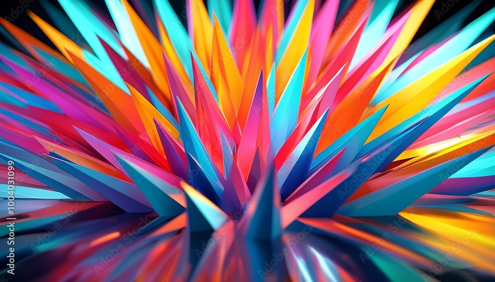 3D Abstract sharp angular shapes exploding outward from a central point, with reflective surfaces glowing in various colors. Created with generative AI technology 3D Abstract sharp angular shapes exploding outward from a central point, with reflective surfaces glowing in various colors. Created with generative AI technology