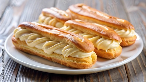 Wide-Angle eclairs with vla or custard filling served on a plate photo