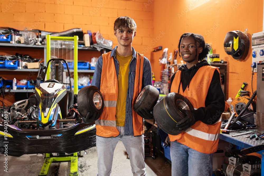 Young Mechanics Holding Kart Tires in a Workshop, Two young mechanics in safety vests holding kart tires in a well-equipped workshop, preparing for repairs. Young Mechanics Holding Kart Tires in a Workshop, Two young mechanics in safety vests holding kart tires in a well-equipped workshop, preparing for repairs.