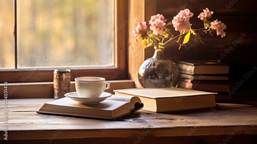 A cozy scene featuring a stack of books, a cup of coffee, and blooming flowers on a wooden table by a sunlit window offers a warm reading nook atmosphere. A cozy scene featuring a stack of books, a cup of coffee, and blooming flowers on a wooden table by a sunlit window offers a warm reading nook atmosphere.