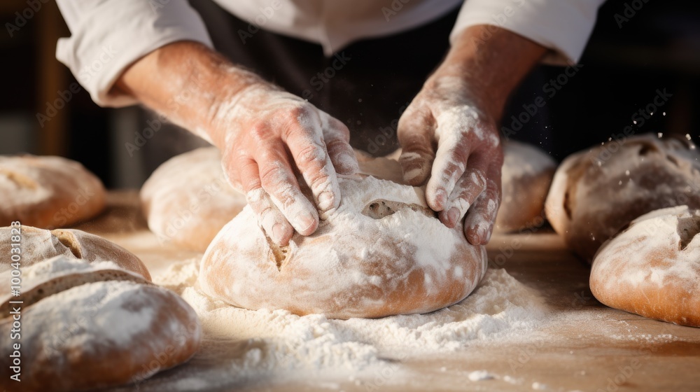 A close-up of hands dusting flour over freshly baked bread, capturing the essence of craftsmanship and homely baking. A close-up of hands dusting flour over freshly baked bread, capturing the essence of craftsmanship and homely baking.