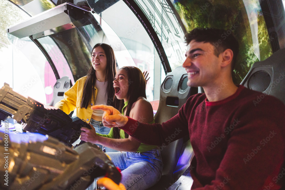Cheering Arcade Group of friends fully engaged in an arcade shooter game, cheering and ...