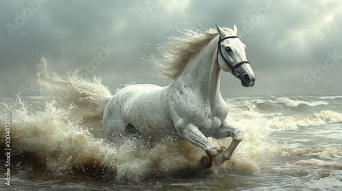 White Horse Running Through Waves on a Stormy Beach