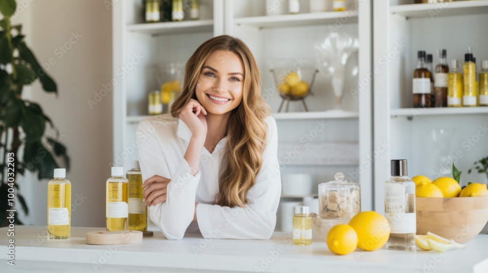 A cheerful woman with long hair smiles in a beauty studio, surrounded by beauty products and lemons, exuding freshness and wellness vibes. A cheerful woman with long hair smiles in a beauty studio, surrounded by beauty products and lemons, exuding freshness and wellness vibes.