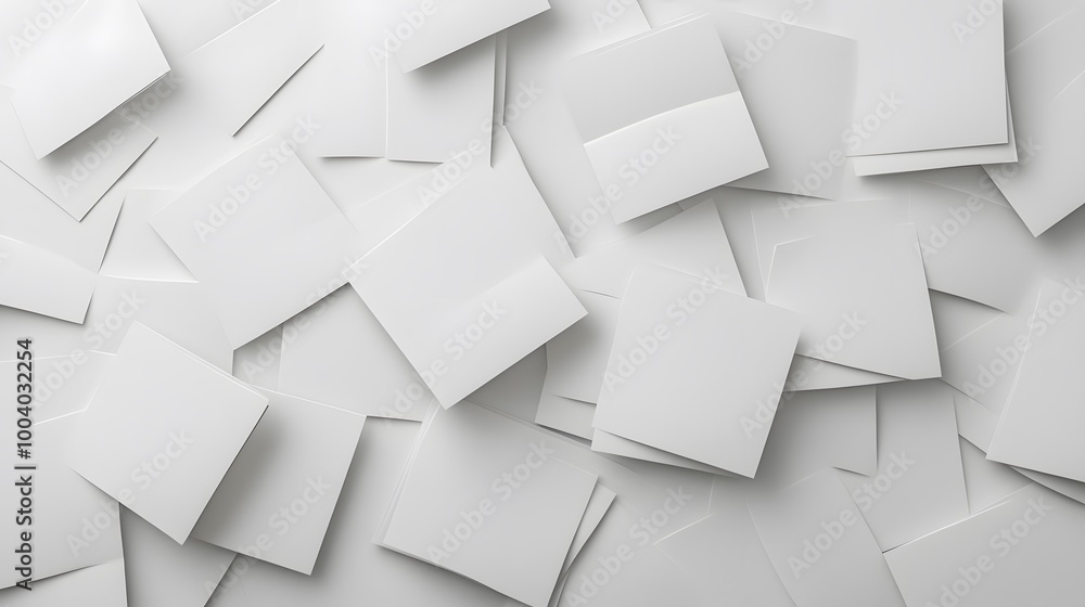 Fototapeta premium 3d render, abstract white geometric background, minimal flat lay, twisted deck of square blank cards with rounded corners. 