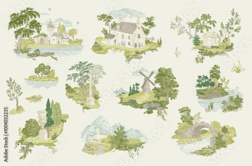 Set. Woodland. Toile inspired. Vector vintage illustration. Colorful