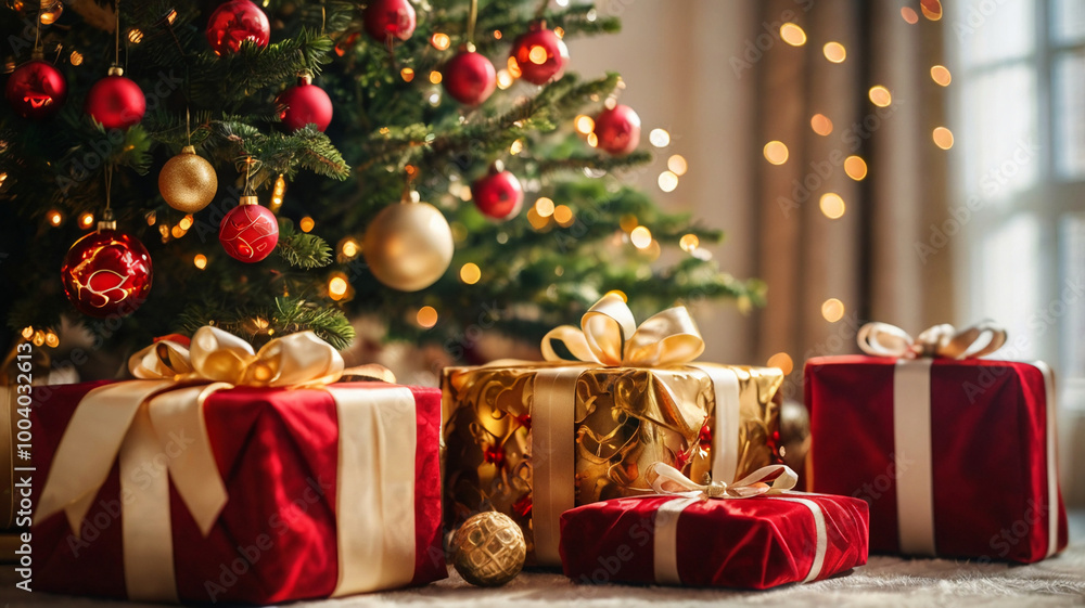 Christmas tree decorated with red and gold ornaments in a luxurious sunlit room, surrounded by gifts. Christmas tree decorated with red and gold ornaments in a luxurious sunlit room, surrounded by gifts.