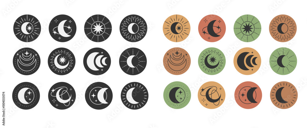 Set of circle sticker magic golden moon. Graphic elements for highlights. Bohemian decoration crescent Set of circle sticker magic golden moon. Graphic elements for highlights. Bohemian decoration crescent