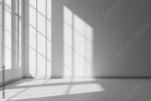 3D studio room with white background. Empty floor and wall. Shadow overlay from window to countertop