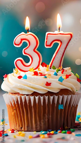 Birthday cupcake with burning lit candle with number 37. Number thirtyseven for thirtyseven years or thirtyseventh anniversary. photo