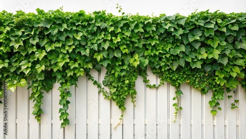 Wide-angle green leaves fence wall ivy climb on fence wall isolated on white background eco friendly green hedge