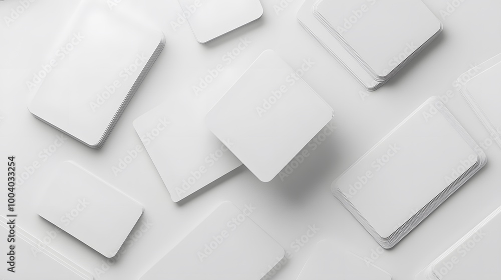 3d render, abstract white geometric background, minimal flat lay, twisted deck of square blank cards with rounded corners. 3d render, abstract white geometric background, minimal flat lay, twisted deck of square blank cards with rounded corners.