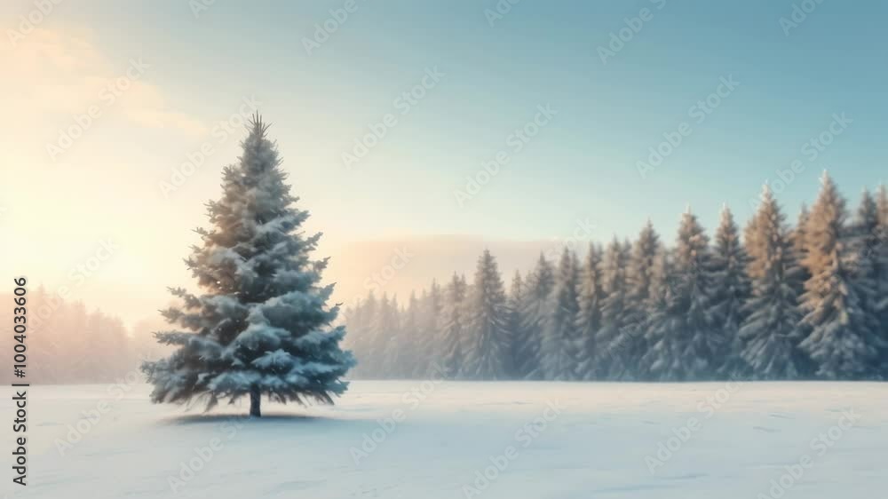 Serene winter landscape with a single evergreen tree in a snowy field, surrounded by a forest bathed in the golden light of the setting sun, evoking calm and tranquility Serene winter landscape with a single evergreen tree in a snowy field, surrounded by a forest bathed in the golden light of the setting sun, evoking calm and tranquility