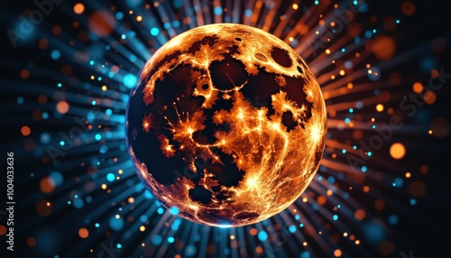 Des lumières bleu et orange dessinent une planète abstraite, flottant dans un univers graphique éclatant, aux formes éthérées et mystérieuses.