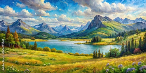 Fototapeta Naklejka Na Ścianę i Meble -  Wide-Angle Impasto oil painting of meadow lakes and mountains in background Northern landscape