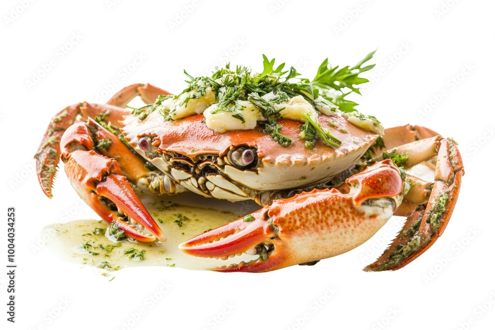 Steamed crab topped with garlic butter sauce and herbs ,Isolated on transparent background Steamed crab topped with garlic butter sauce and herbs ,Isolated on transparent background