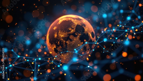 Une planète graphique, illuminée de bleu et orange, flotte dans l'espace, ses contours abstraits se fondant dans un halo lumineux captivant.