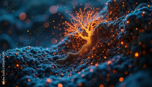 Illuminé de teintes bleu et orange, un arbre abstrait s’étire dans une forme graphique élégante, créant un jeu de lumières éthéré et futuriste.