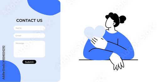 A contact form with fields for name, email, and message, alongside a person hugging a heart. Ideal for customer support, user feedback, website design, online forms, and communication. Digital