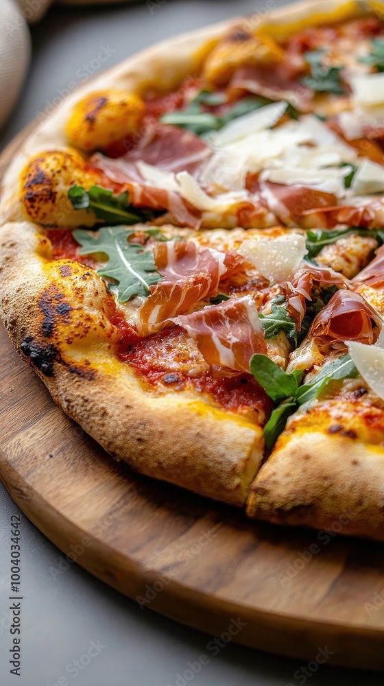 Delicious pizza with fresh toppings on a wooden board, perfect for food lovers and culinary delights.