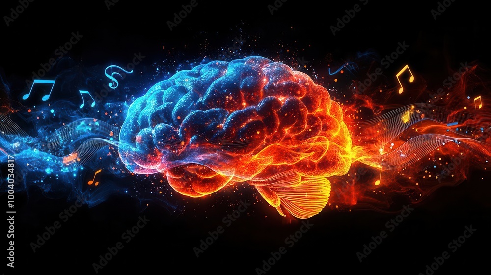 a human brain is depicted with vibrant musical waves and floating music notes illustrating the connection between creativity and mental health the lively colors evoke positivity and inspiration a human brain is depicted with vibrant musical waves and floating music notes illustrating the connection between creativity and mental health the lively colors evoke positivity and inspiration