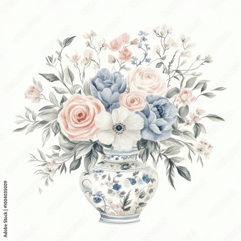 Obraz premium A delicate floral arrangement in a decorative vase, showcasing various blossoms and greenery.