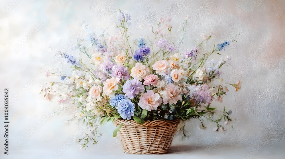 Obraz premium A beautiful painting of wildflowers in pastel colors, arranged artistically inside an elegant white wicker basket
