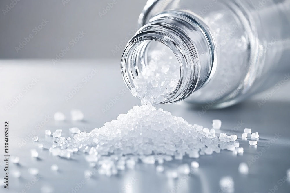 Elegant moment of fine table salt pouring from a glass container onto a shiny surface Elegant moment of fine table salt pouring from a glass container onto a shiny surface