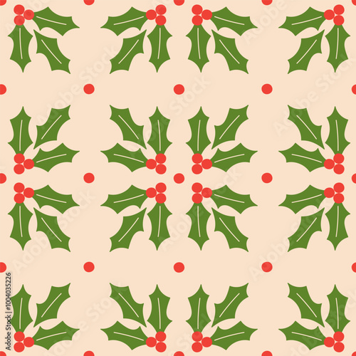 Christmas holly flowers, modern abstract floral seamless pattern design. Hand drawn vector holiday illustration, creative repeatable background for Christmas, festive design