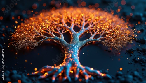 L’arbre abstrait, paré de lumières bleu et orange, se dresse dans une composition graphique audacieuse, un contraste éclatant entre froideur et chaleur.