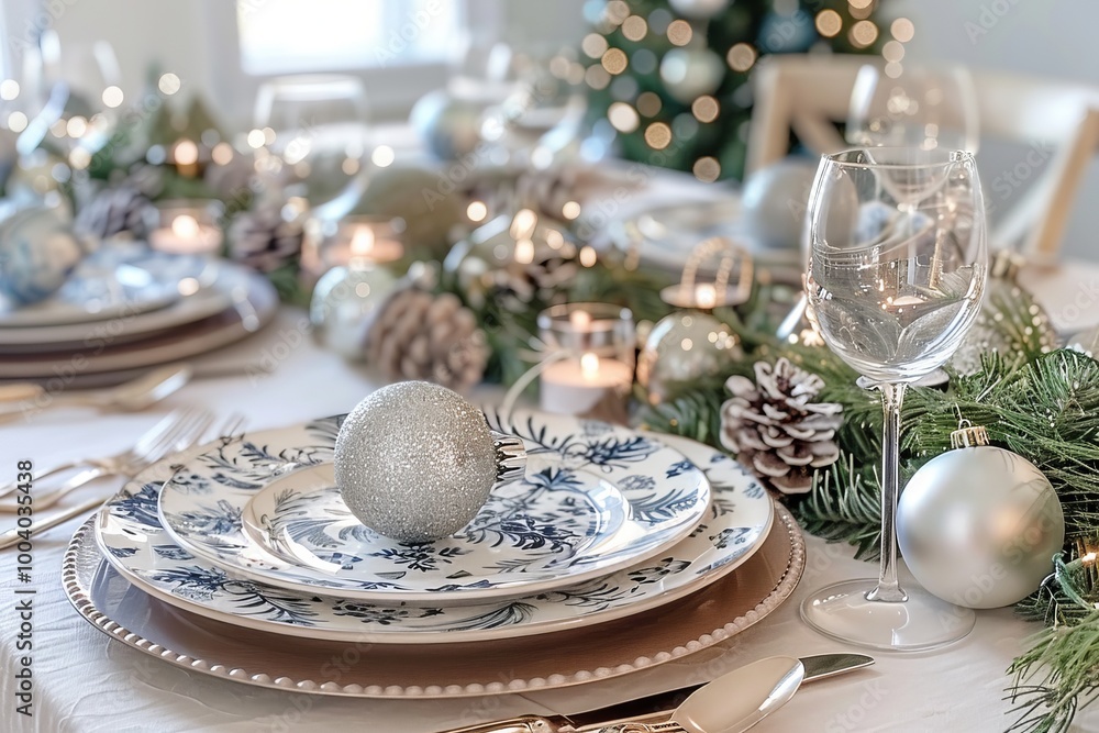 Elegant holiday table setting with ornamented plates and candlelight ambiance. Elegant holiday table setting with ornamented plates and candlelight ambiance.