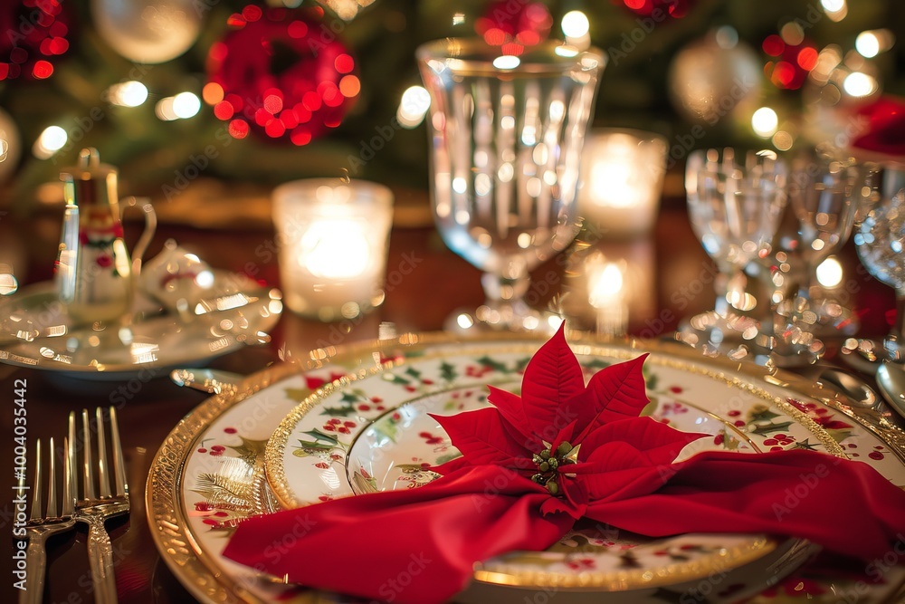 Elegant holiday table setting with red poinsettia napkin and festive decor.