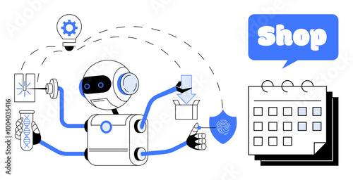 Robot with multiple arms performing tasks like innovation, shopping, delivery, and planning. Ideal for artificial intelligence, e-commerce, automation, productivity, and multitasking themes