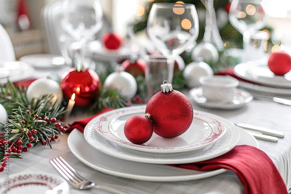 Elegant holiday table setting with red and white christmas decor. Elegant holiday table setting with red and white christmas decor.