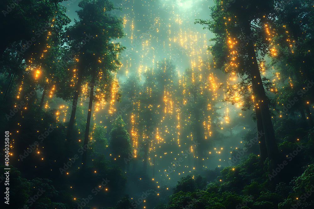 Obraz premium illustration featuring digital abstract technology with space for titles, layered over a forest background. Ideal for tech design concepts. 