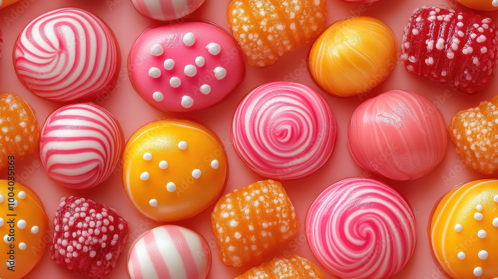 Fototapeta premium Seamless pattern of 3d colorful pink lollipops, caramels, sweets, dessert, food, trick or treat, candy, sugar, background, wallpaper, place for text, design