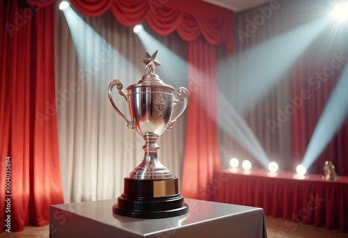 A silver trophy on a podium with red curtains and spotlights in the background
