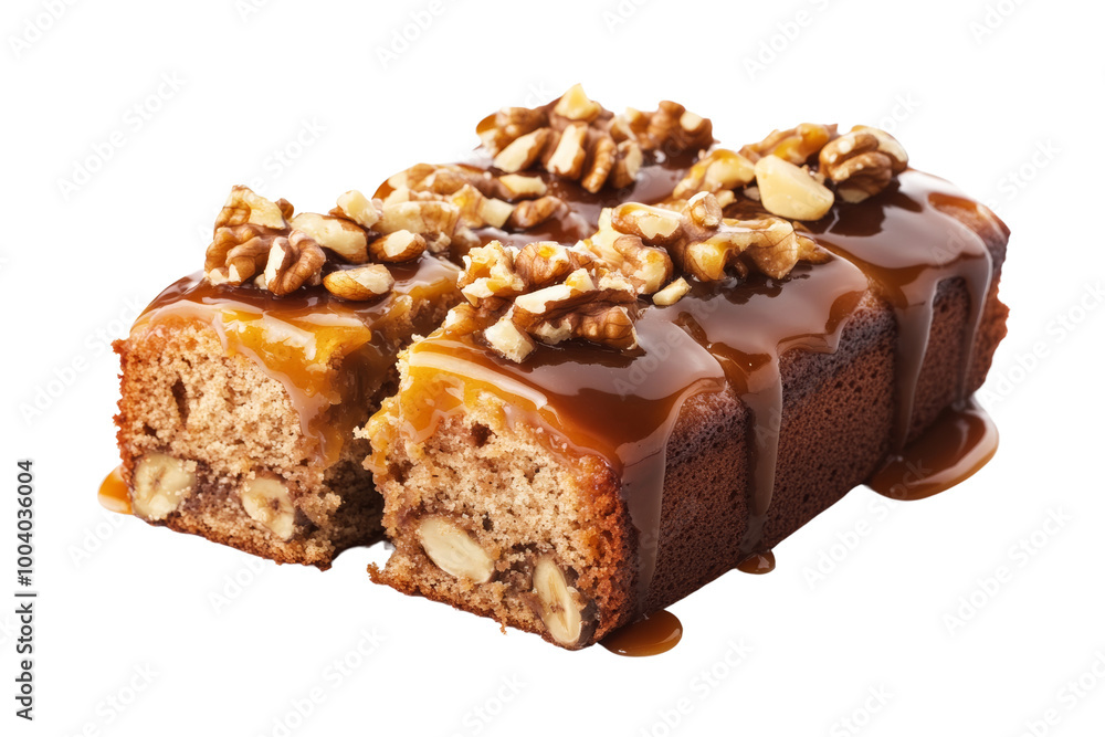 Sliced banana cake topped with caramel drizzle and nuts ,Isolated on transparent background Sliced banana cake topped with caramel drizzle and nuts ,Isolated on transparent background